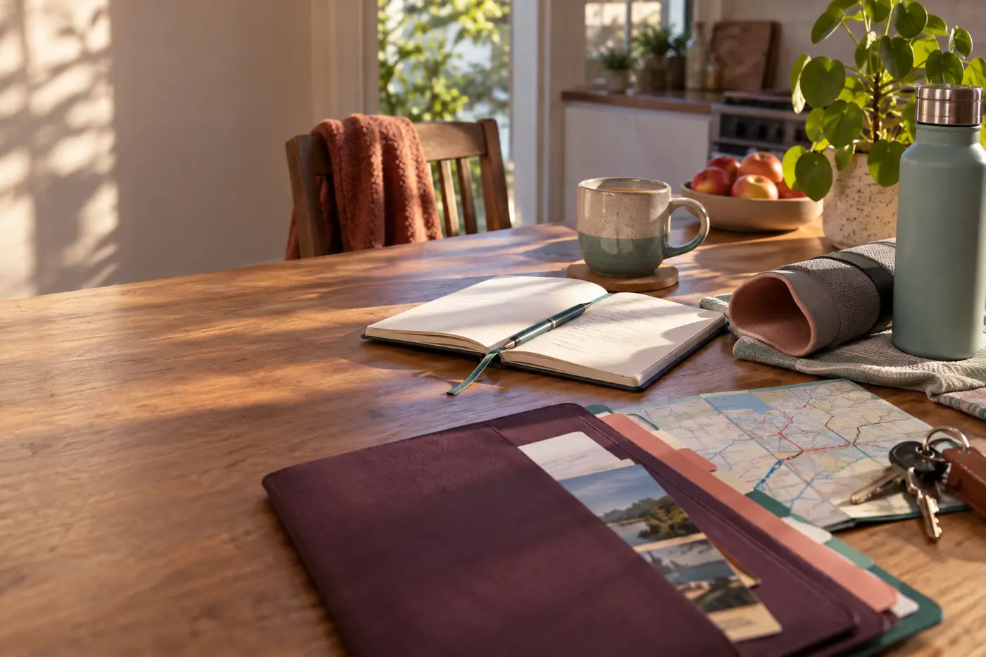 A sunlit table with a notebook, map, keys, and everyday care items