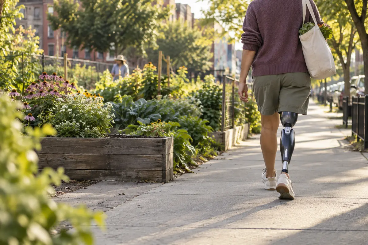 A person with a prosthetic leg walking beside a community garden