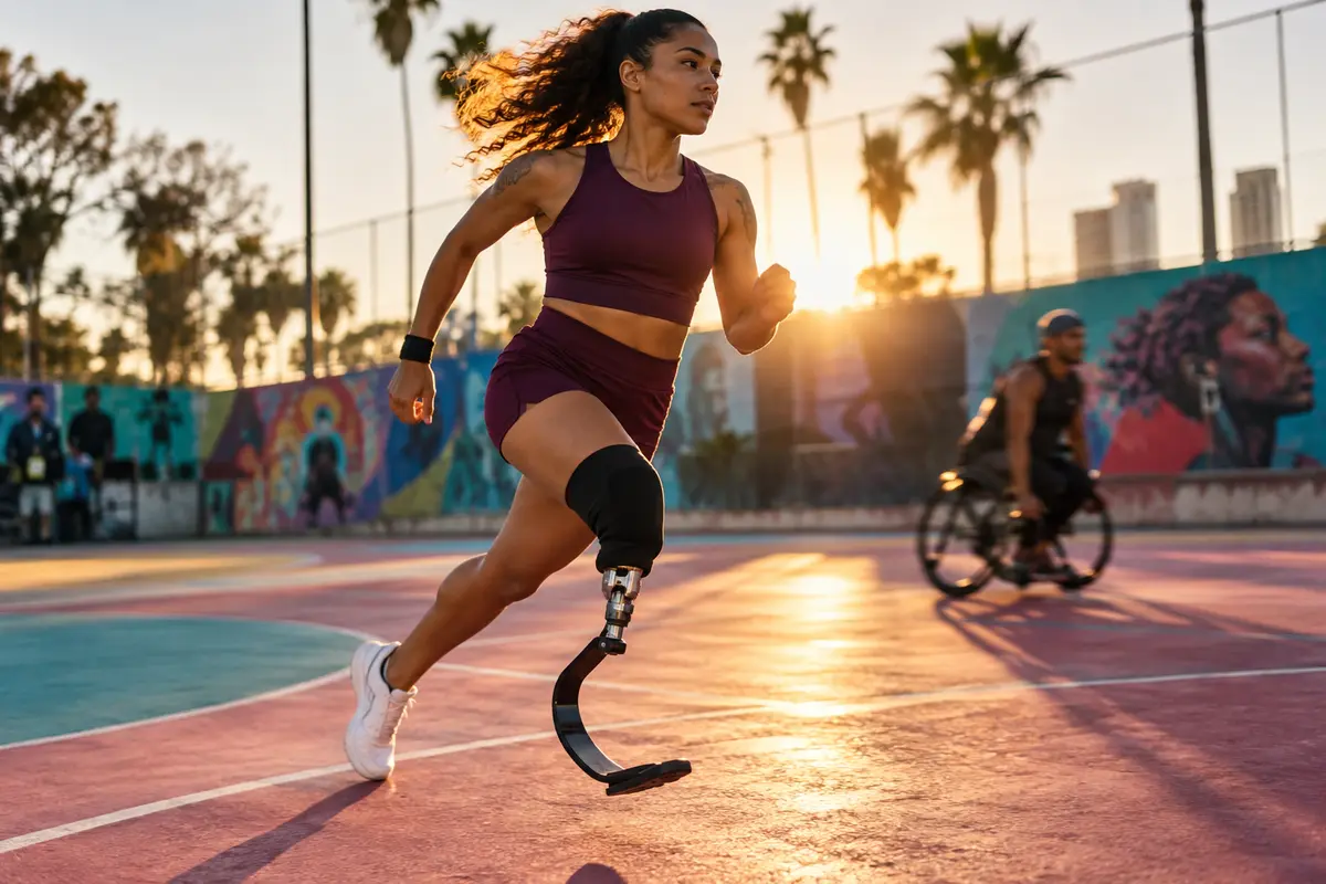An adaptive athlete running on an outdoor court at sunset