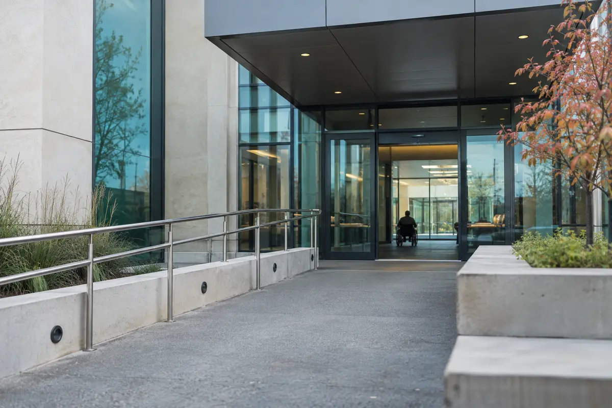 An accessible public building entrance with a ramp