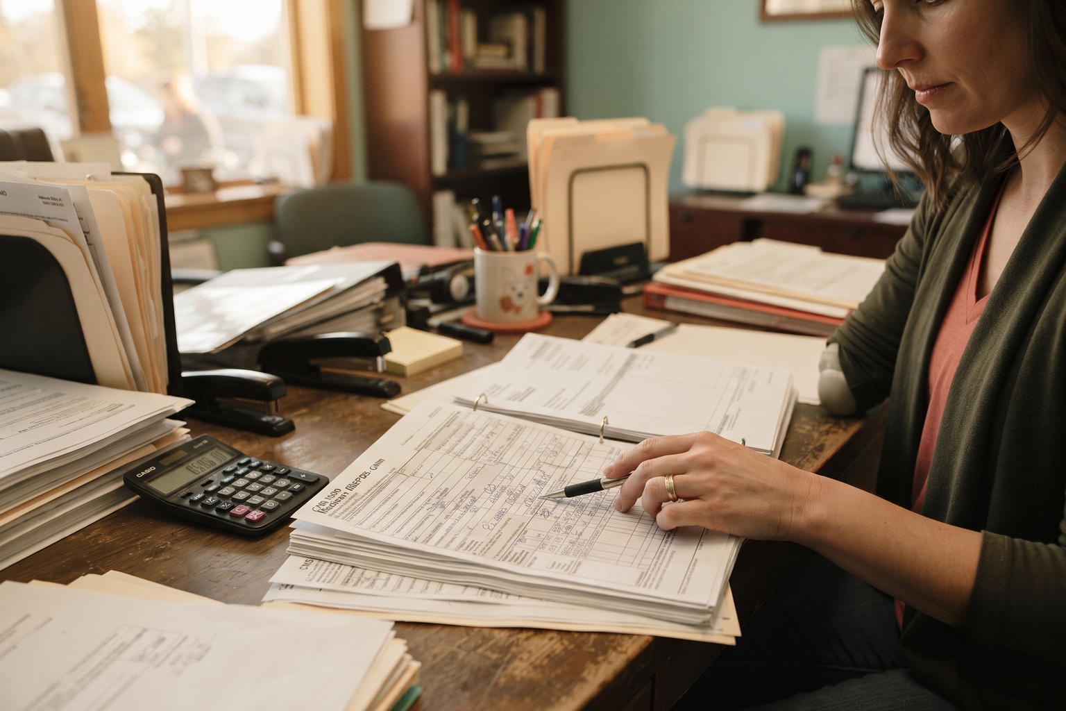 A billing coordinator reviewing a Medicare DMEPOS claim form with a calculator nearby