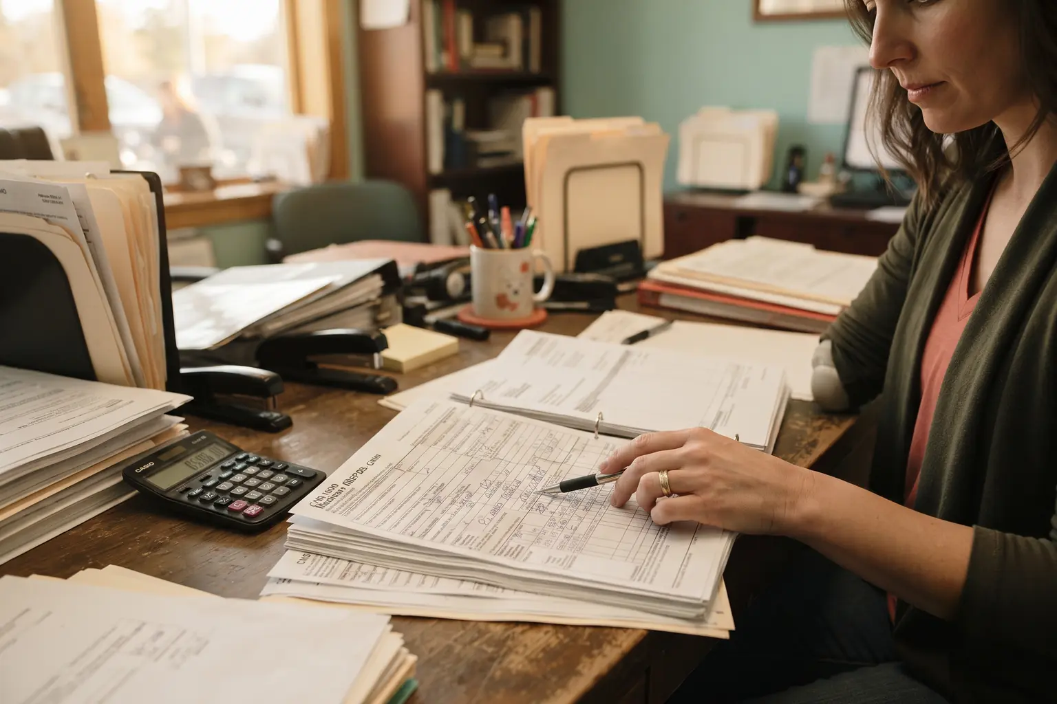 A billing coordinator reviewing a Medicare DMEPOS claim form with a calculator nearby