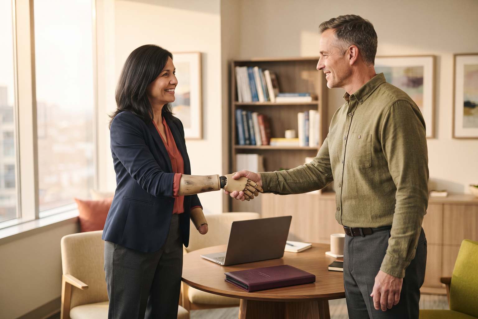 Two colleagues shaking hands over a table with a practice-agreement folder