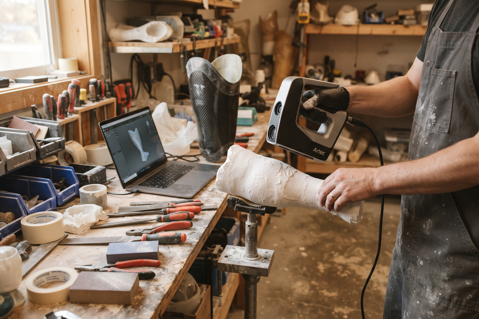 A prosthetic technician 3D-scanning a residual-limb model in a fabrication workshop