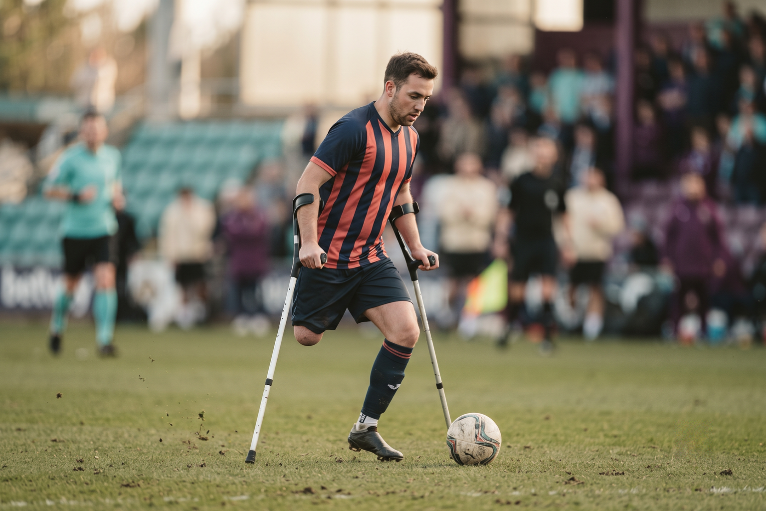 An amputee football player using forearm crutches to control the ball mid-match