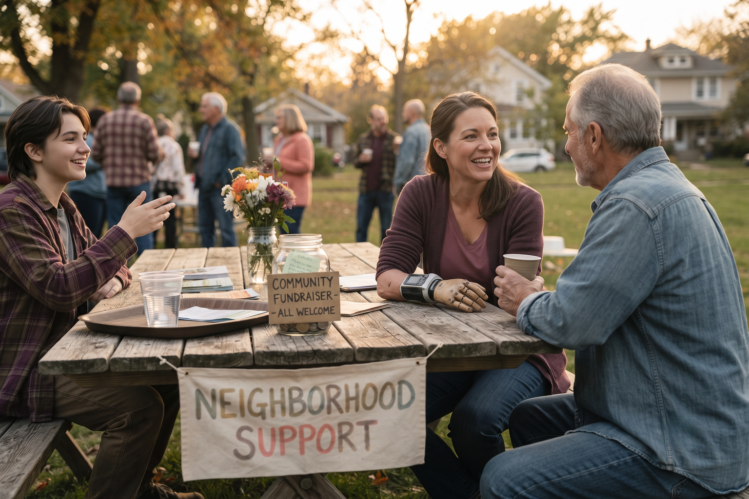 A neighborhood fundraiser gathered around a table with a hand-lettered donation jar
