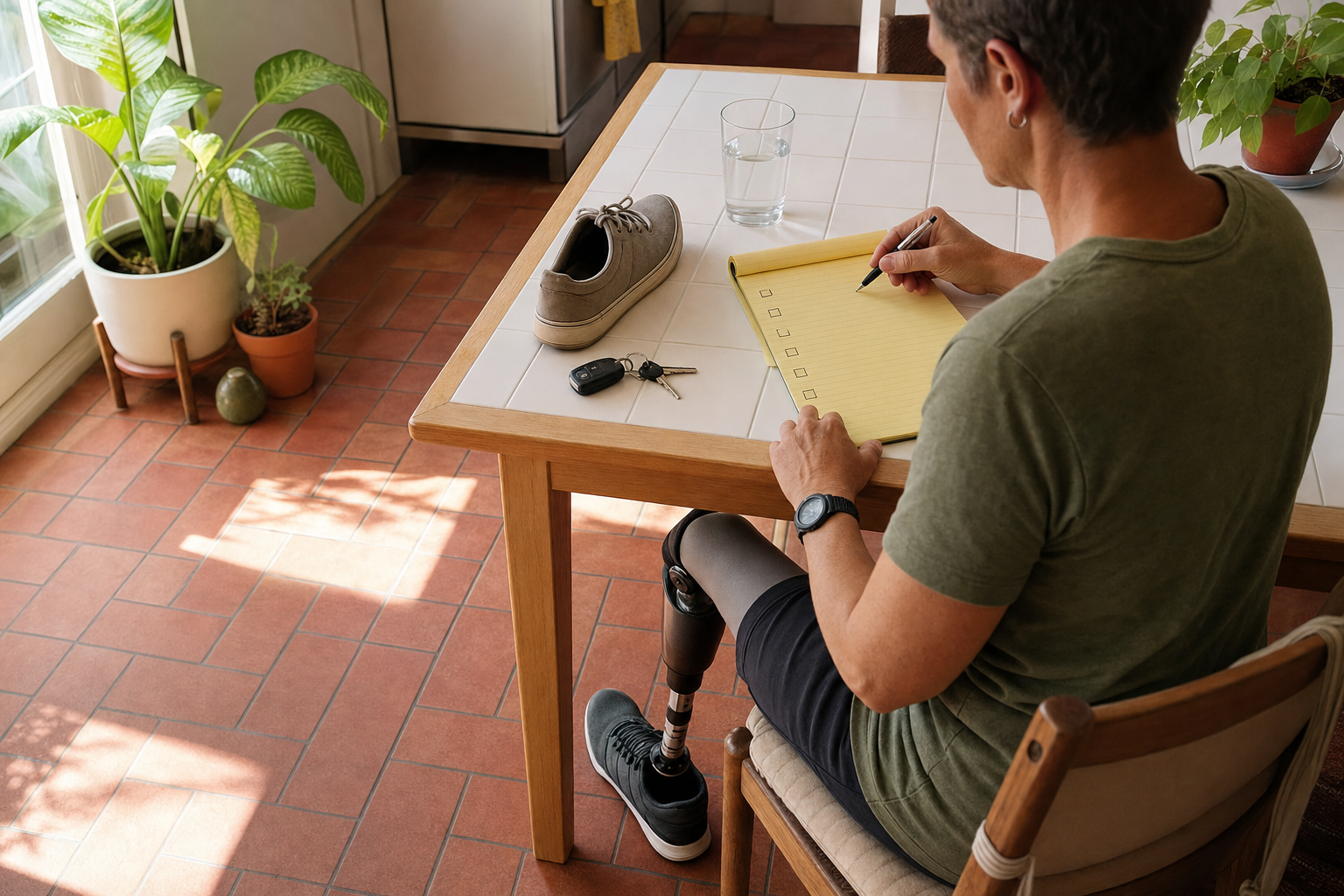 A person making a practical checklist at a kitchen table with a prosthesis visible