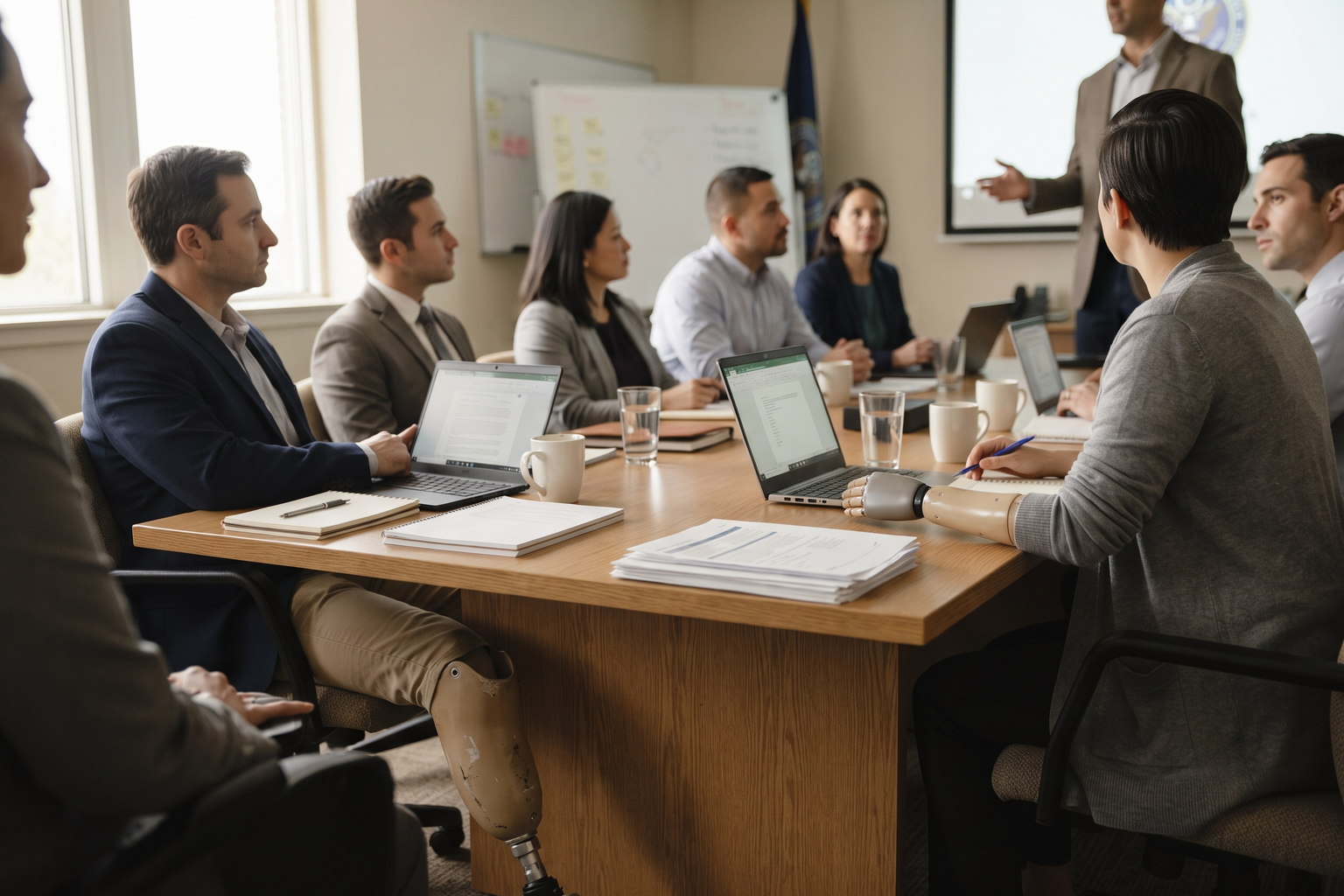 A federal agency conference room mid-meeting with professionals around a table
