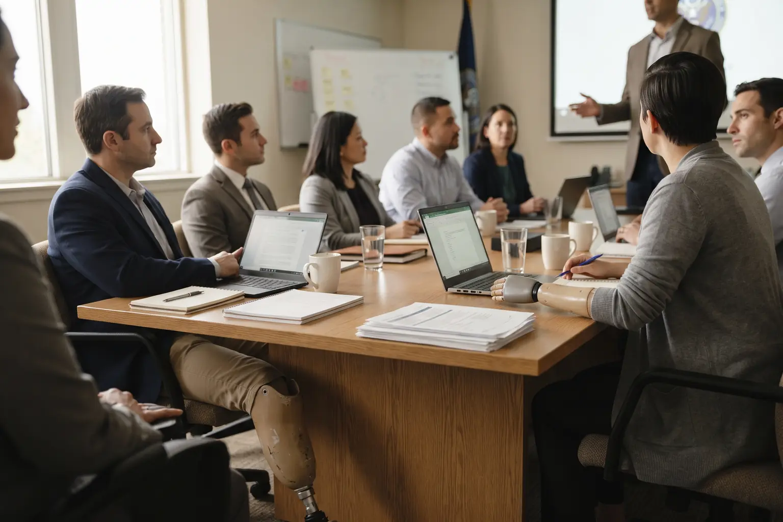A federal agency conference room mid-meeting with professionals around a table