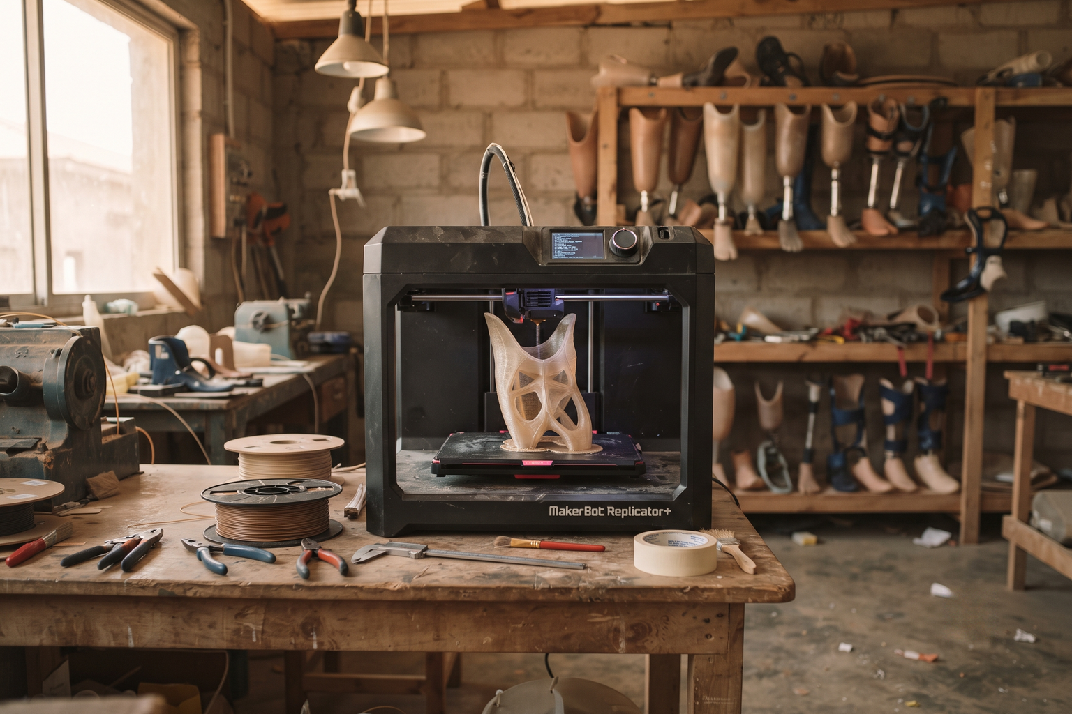 A technician monitoring a 3D printer producing a prosthetic socket in a West African workshop