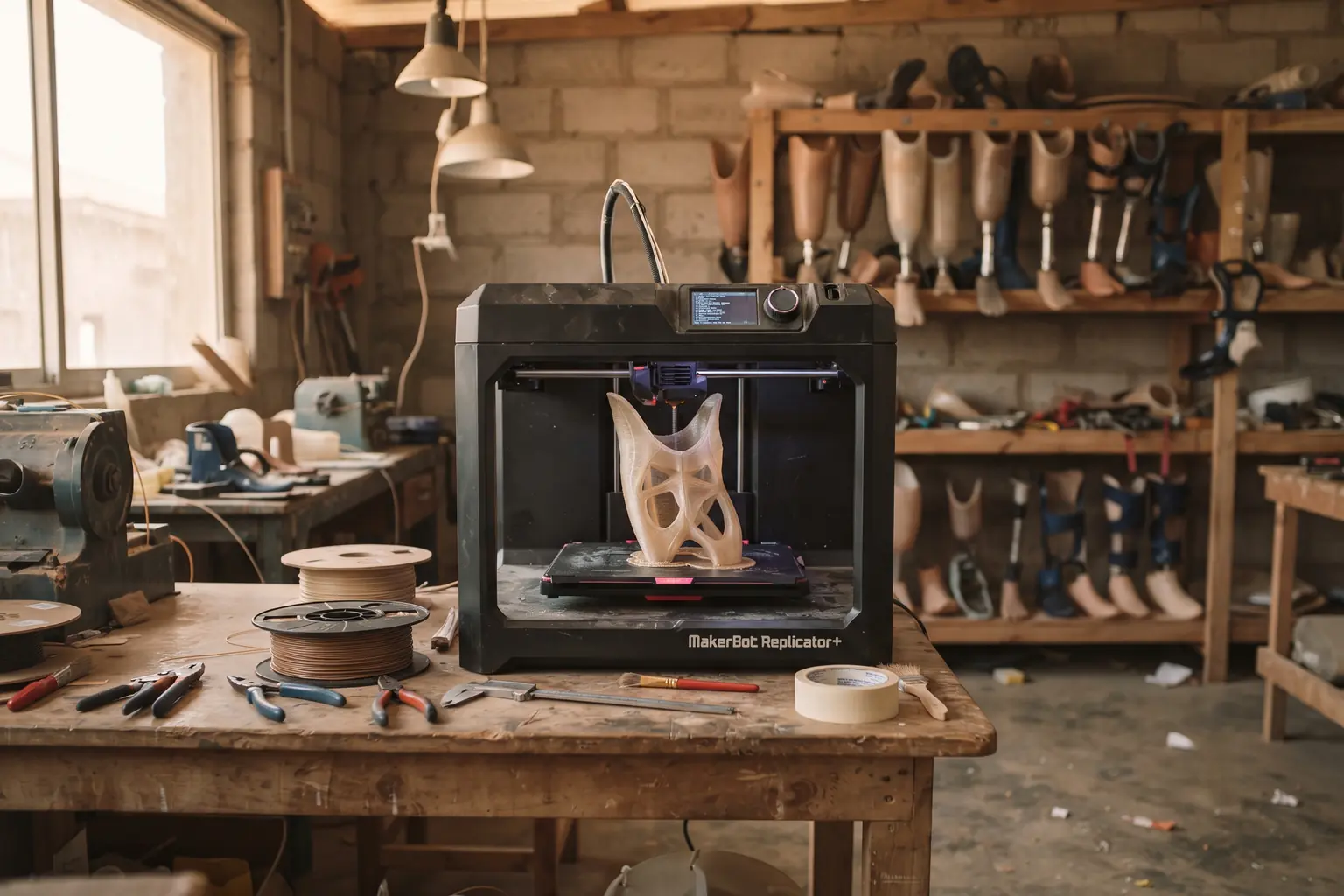 A technician monitoring a 3D printer producing a prosthetic socket in a West African workshop