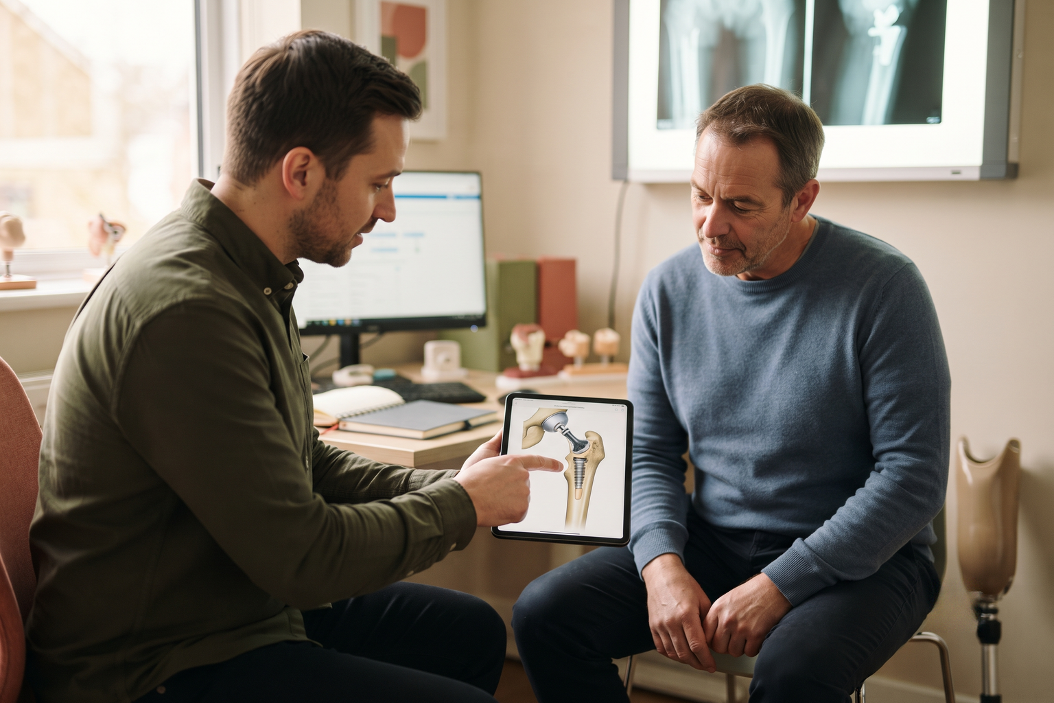 A prosthetist and patient reviewing a bone-anchor implant diagram on a tablet