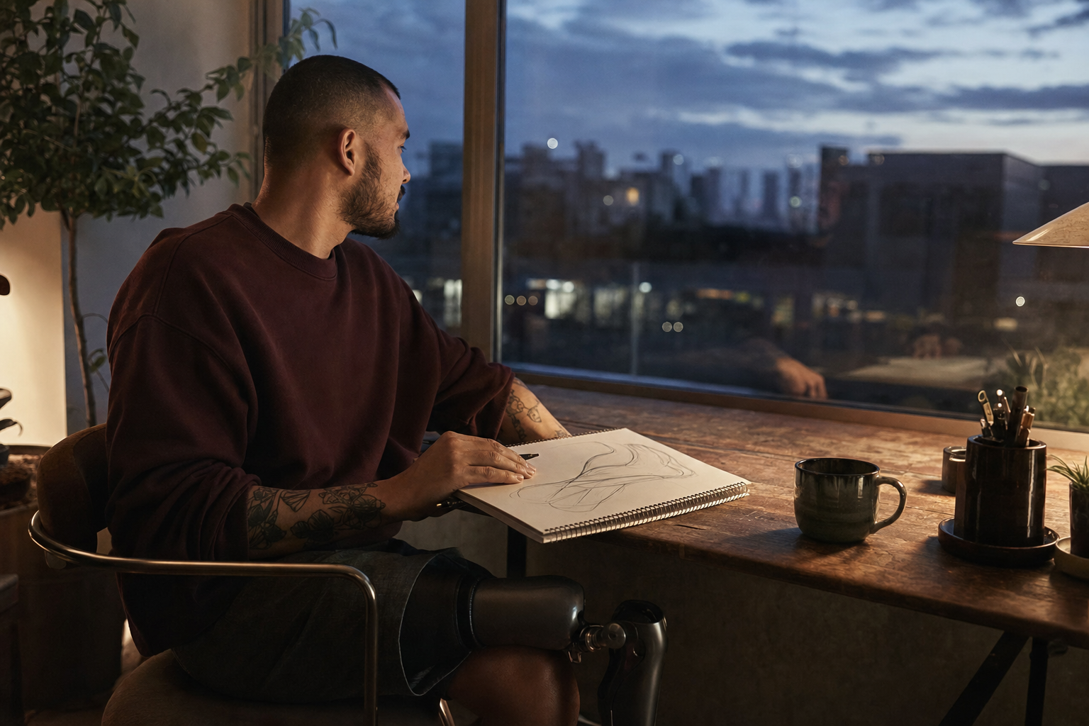 A person sketching at a window at dusk with a prosthesis visible beneath the table