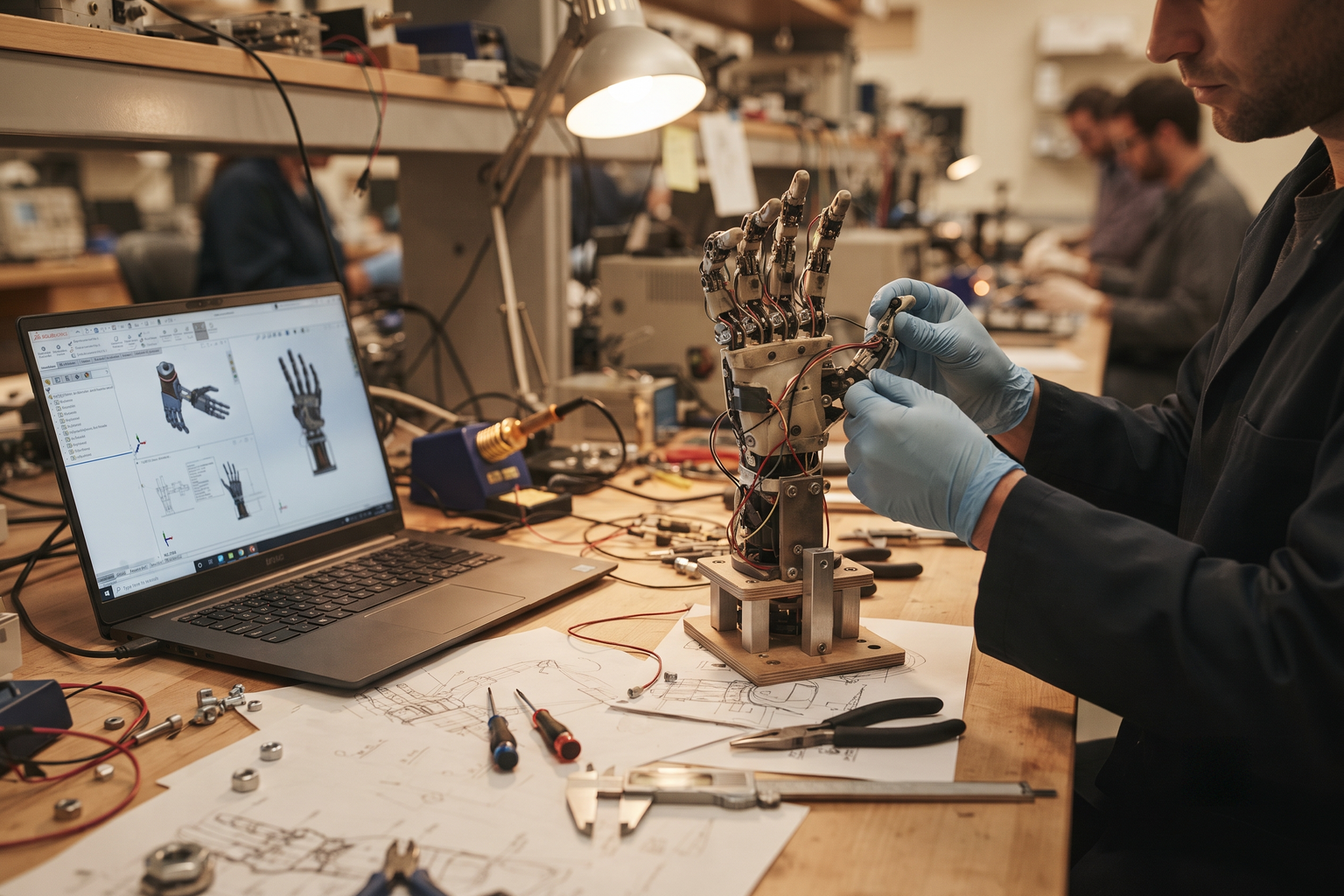 A researcher adjusting a prosthetic hand prototype on a university lab workbench