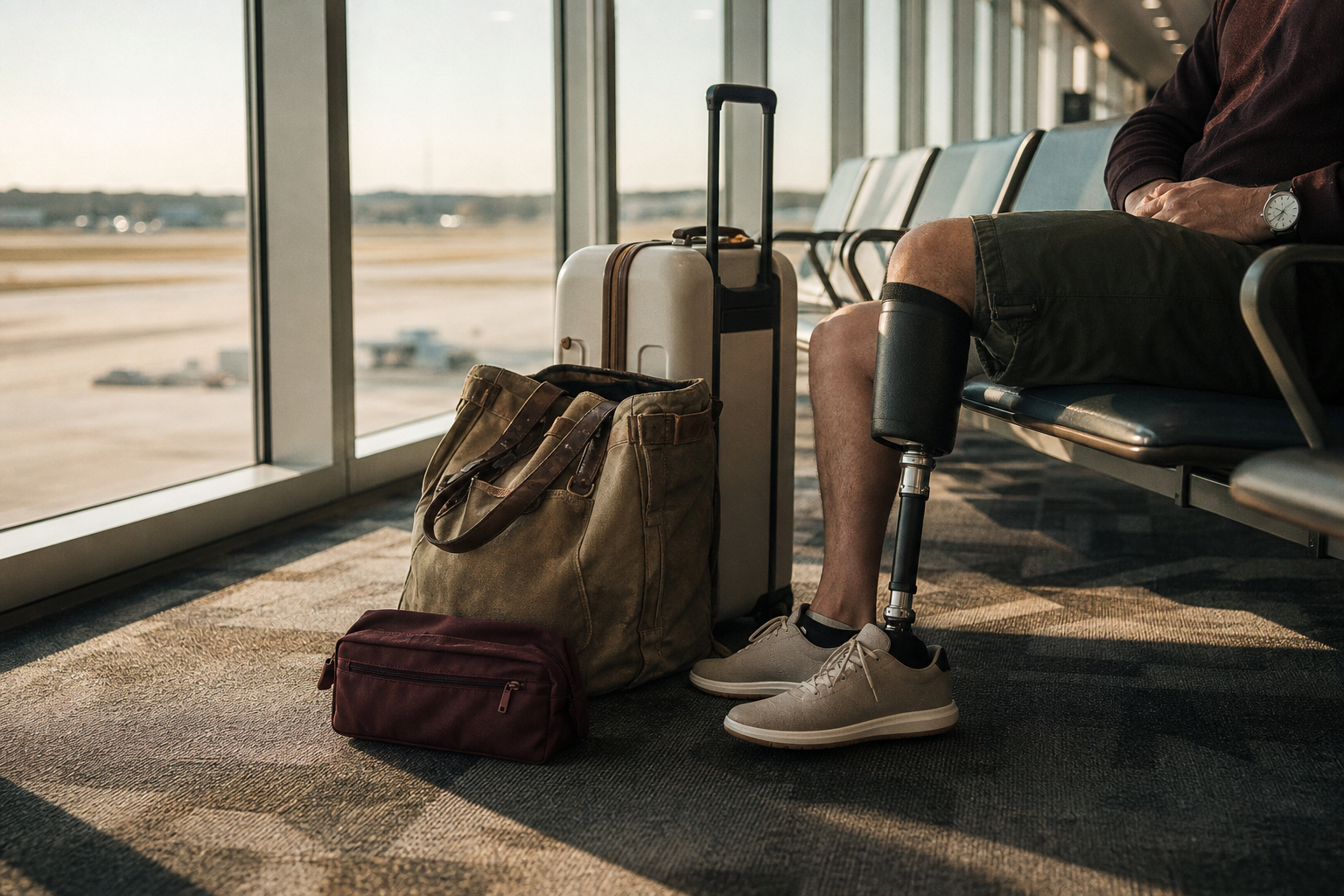 A traveller with a prosthesis waiting near an airport gate with luggage