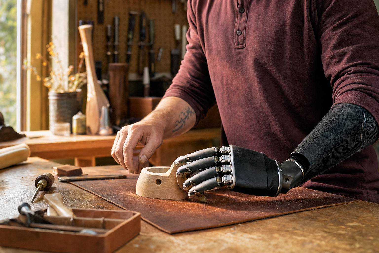 A person using an upper-limb prosthesis at a woodworking bench