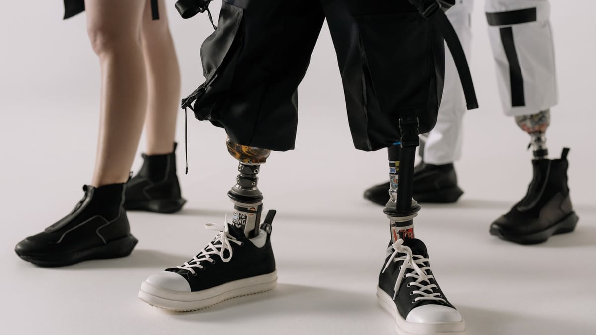 Focus on stylish footwear and advanced prosthetics in a contemporary setting.